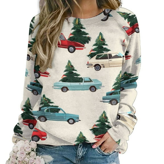 Christmas Train Cedar Tree Womens Casual Crewneck Sweatshirt Long Sleeve Tops Cute Pullover Loose Fit