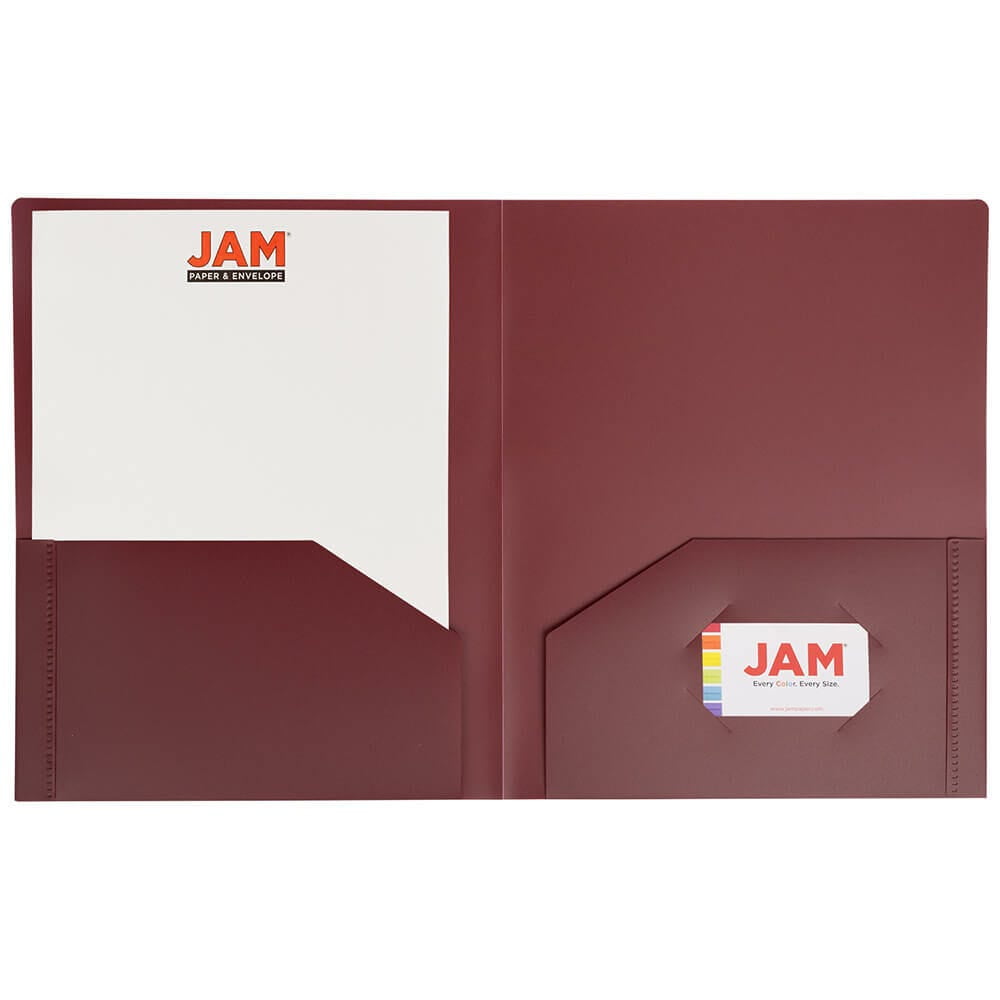 JAM Paper Heavy Duty Plastic 2 Pocket Extra Tough School Folders, Burgundy, Bulk 48/Pack