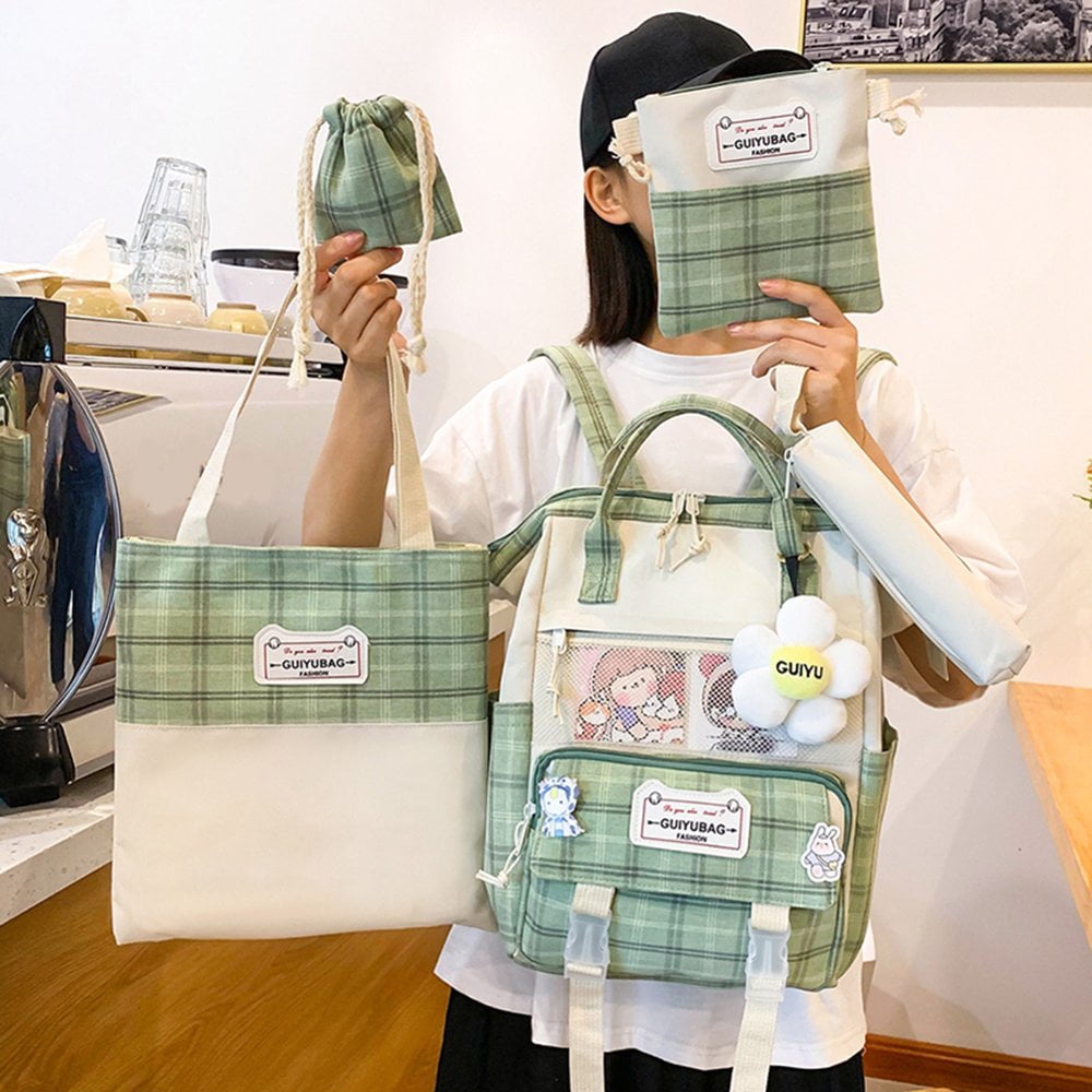 5pcs Kawaii Backpacks for Girls Preppy Style Plaid Shoulder