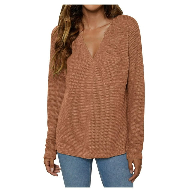 Mujeres Casual Moda Pullover Manga Larga Con Cuello En V Blusas Camiseta Soild Pompotops FGAJ15506