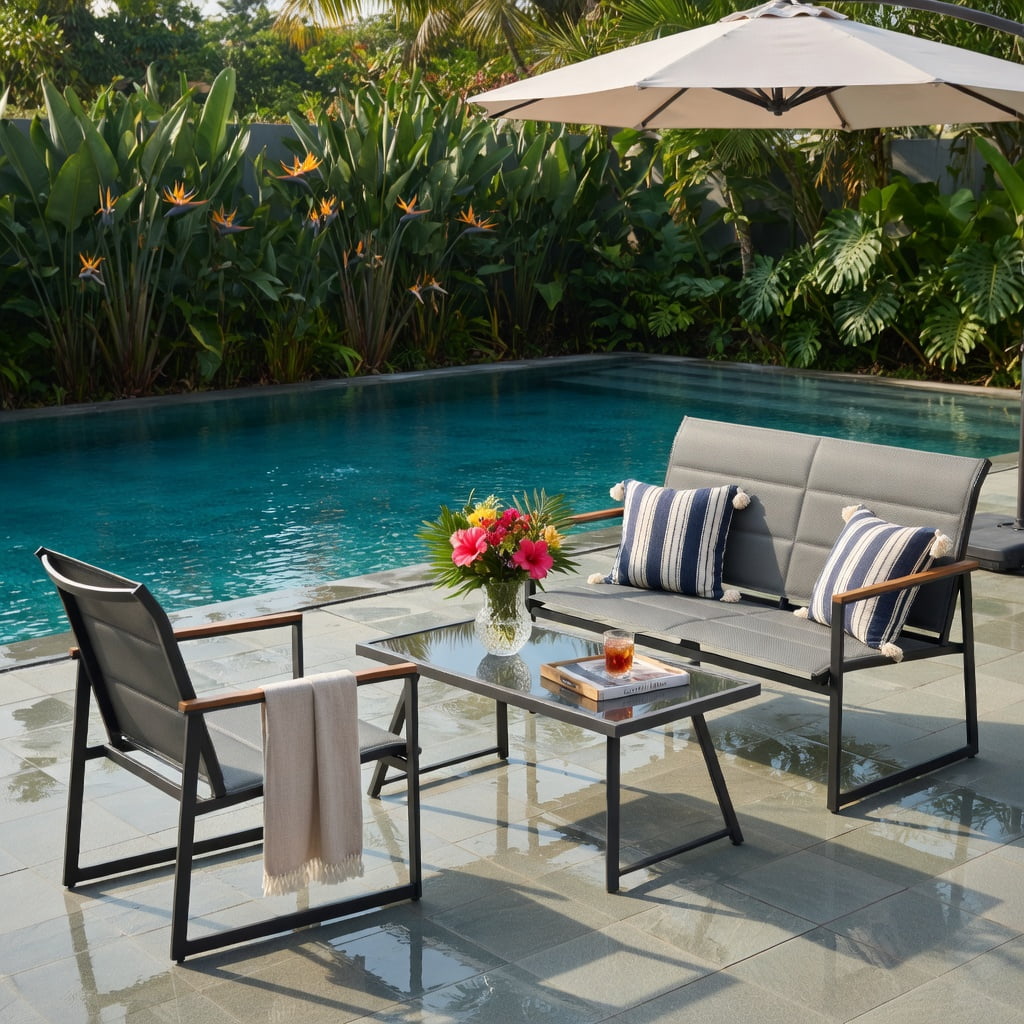 Hommoo 4-Piece Modern Outdoor Patio Furniture Set, Loveseat, 2 Armchairs & Tempered Glass Coffee Table for Backyard, Poolside & Balcony, Gray