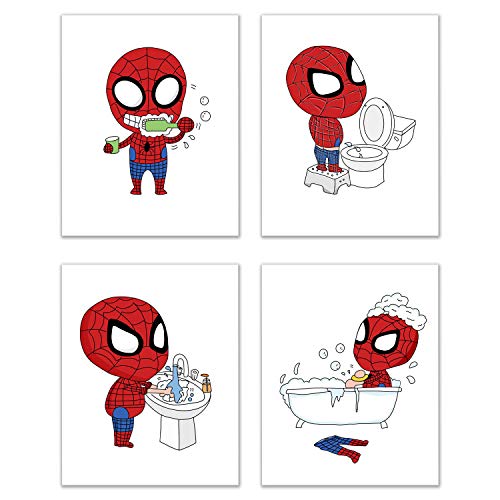 Spiderman Bathroom Prints Set of 4 (8 inches x 10 inches) Wall Art