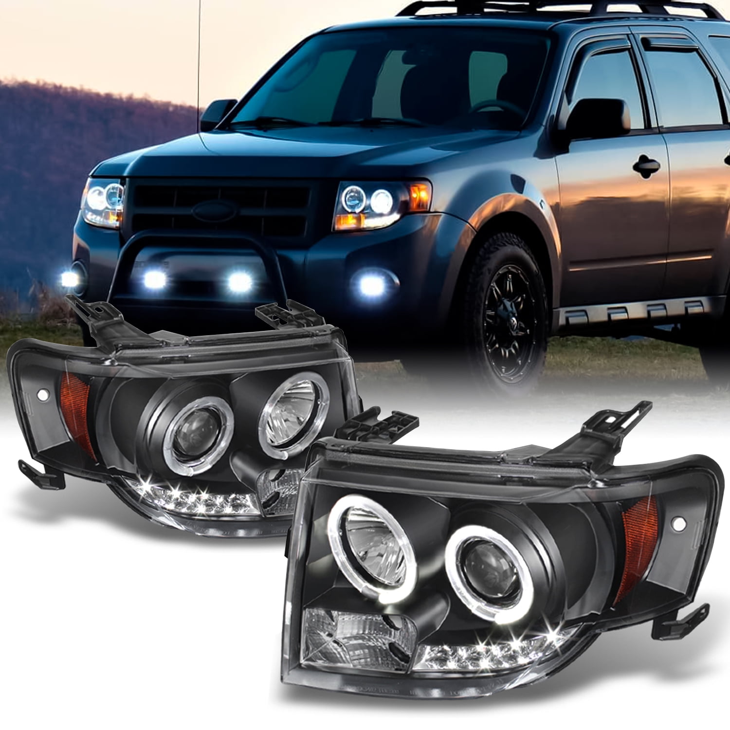 For Ford F150 F-150 Pickup Black Bezel Dual Halo LED Projector Headlights Front Lamps Replacement 