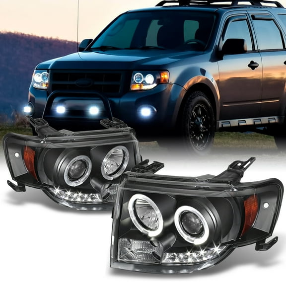 AKKON - For 2008-2012 Ford Escape Black Bezel Dual LED Ring Design Halogen Type Projector Headlights Front Lamps Pair