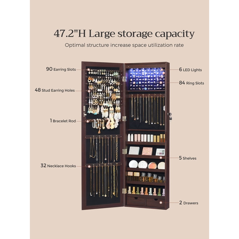 SONGMICS 6 LEDs Mirror Jewelry Cabinet 47.2-Inch Tall Lockable 
