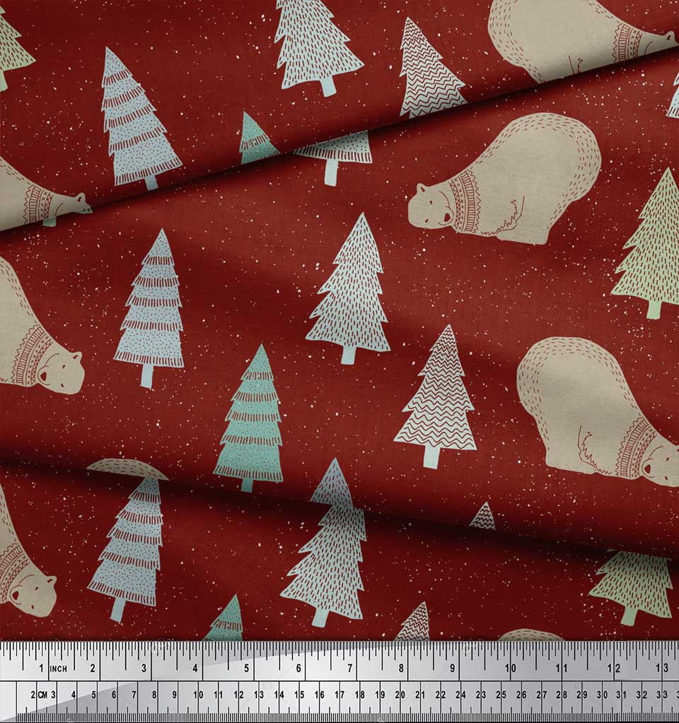 Soimoi Red Cotton Voile Fabric Bear & Tree Christmas Print Fabric by Yard 56 Inch Wide