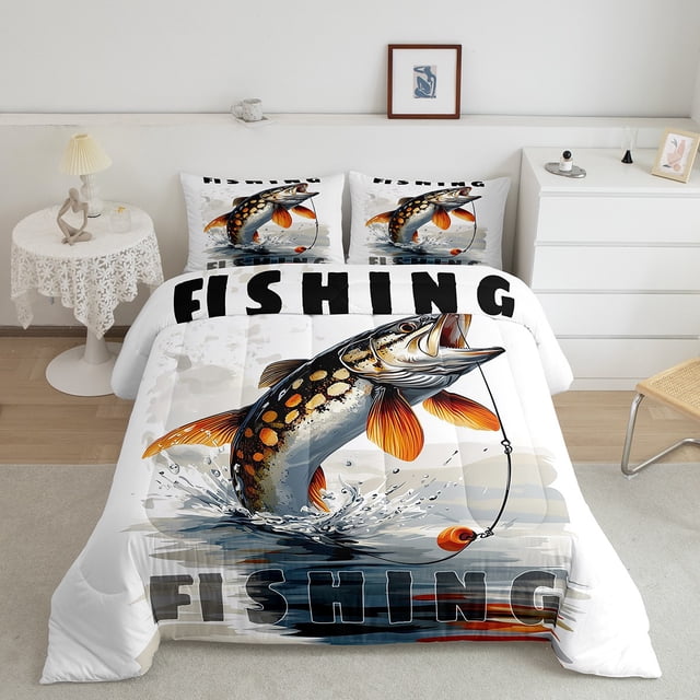 Erosebridal Rustic Fishing Bedding Full Comforter Set, Fish Hook Down Comforter, Farmhouse Animal Decor, 3-Piece