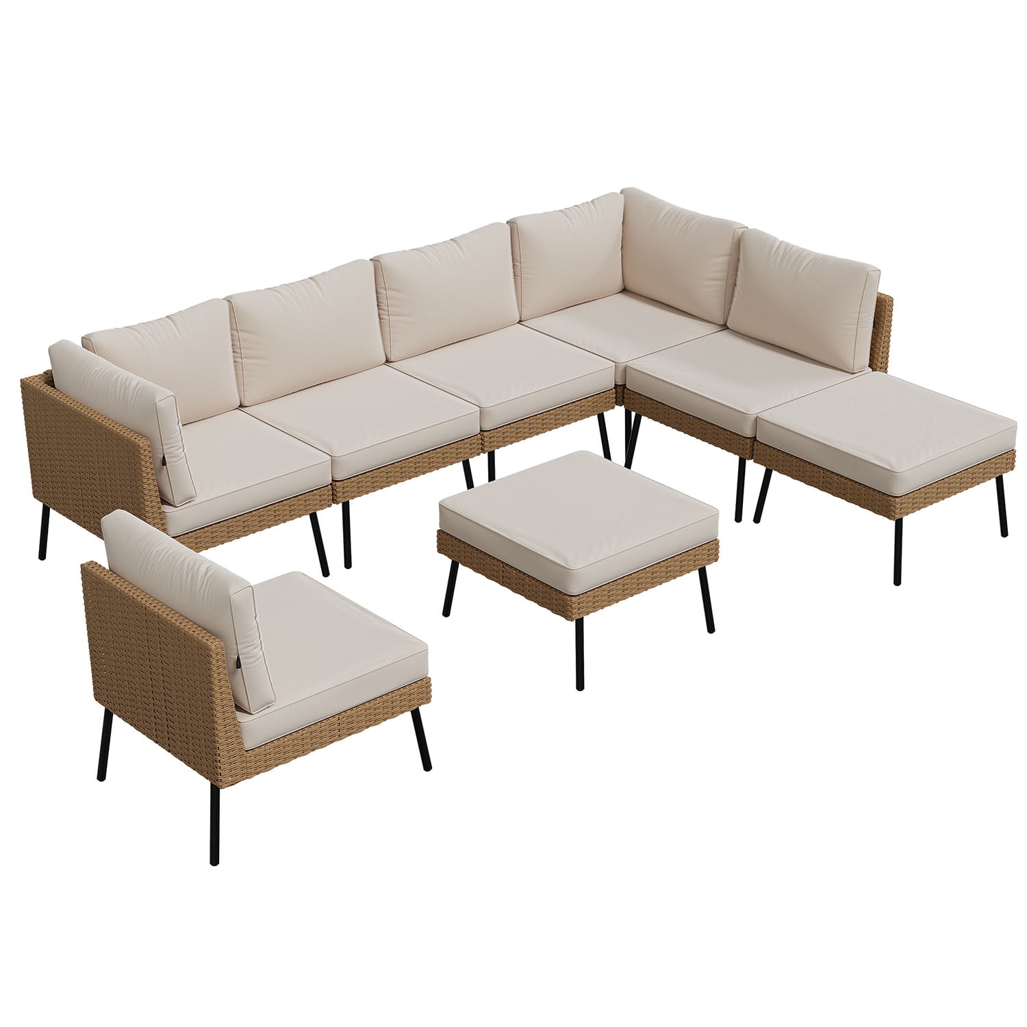 BaPiPro 8-Piece Modular Outdoor PE Rattan Sectional Sofa Set, All Weather Patio Furniture with Removable 4" High Density Cushions & 2 Multifunctional Ottomans for Backyard Garden Courtyard, Beige