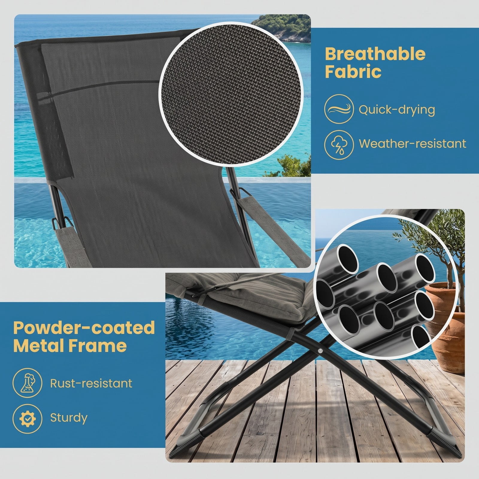 Furnibear Folding Padded Sling Chair with Ottoman Footrest and Removable Cushion for Outdoor Patio and Camping Use, Gray