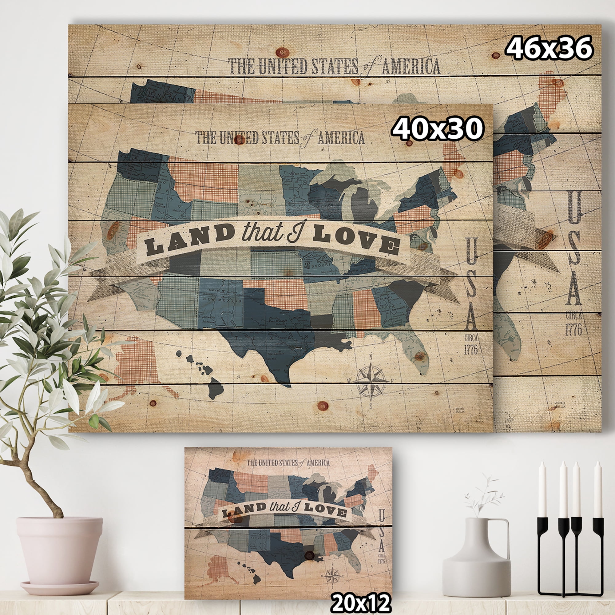 Designart 'American Map Watercolor' Map Print on Natural Pine Wood