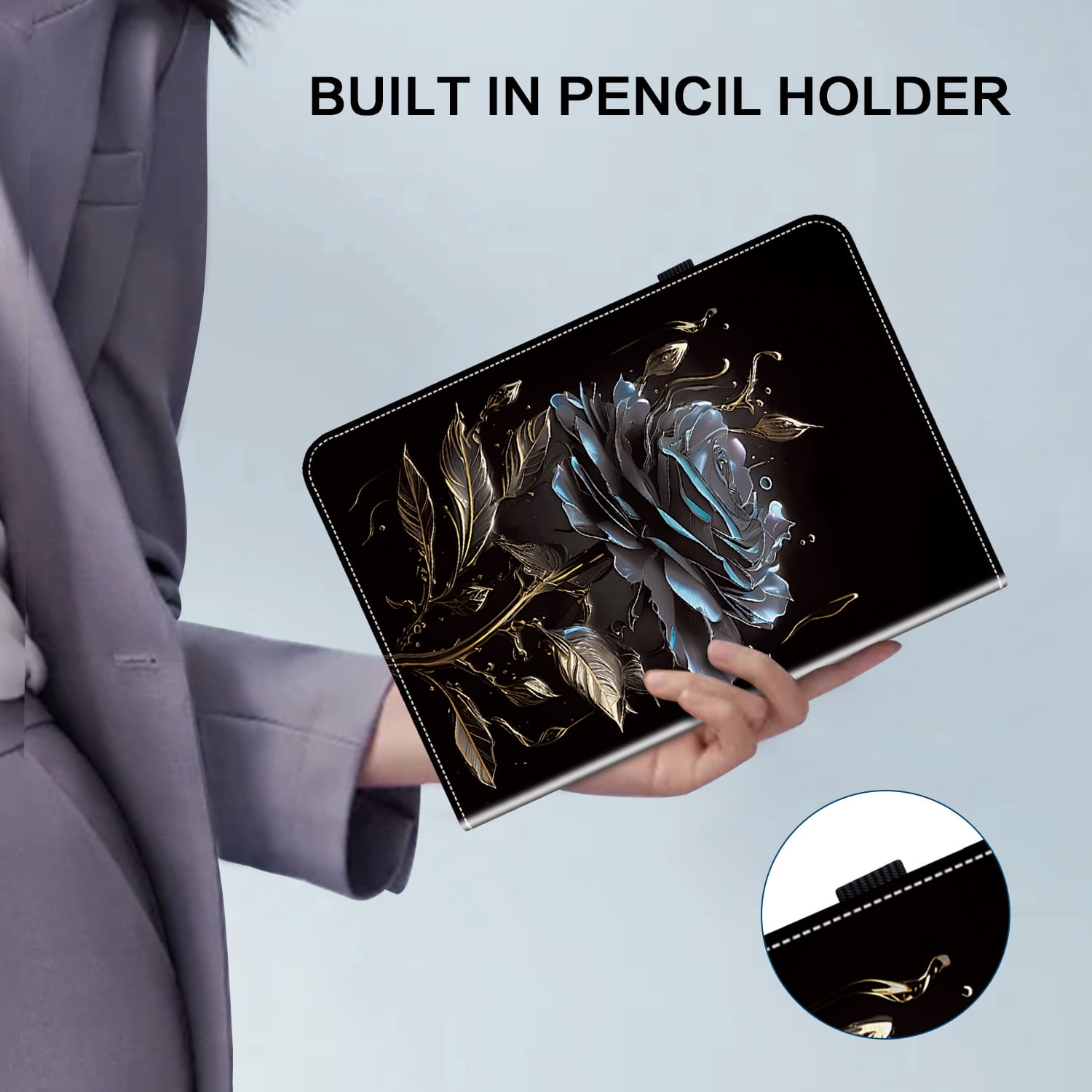 Allytechgroup Case for iPad (A16) 11th Generation 11" 2025 with Stand/Pencil Holder/Card Pockets/Magnetic Smart PU Leather Folio Stand Wallet shockproof Cover [Auto Wake/Sleep], Black Rose Flower