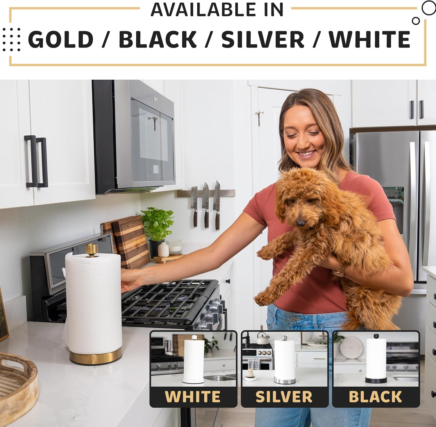 Heavy-Duty Stainless Steel Paper Towel Holder - Easy One-Handed Tear with Suction Cups - Modern Weighted Standing Countertop Dispenser for Kitchen - Holds All Paper Towel Rolls, Gold