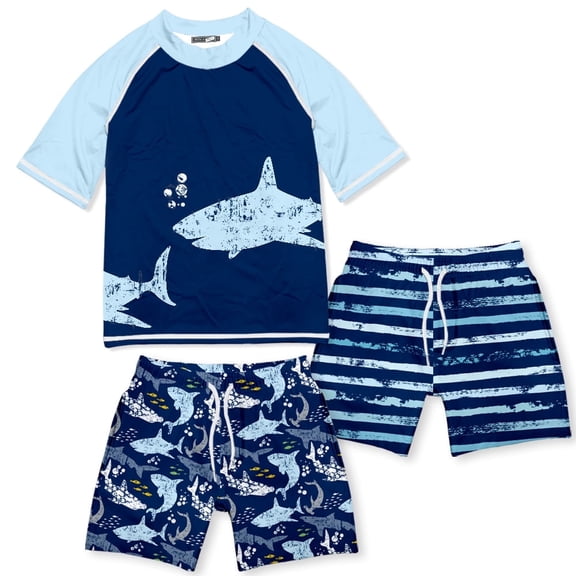 Millie Loves Lily Boys Navy Shark Rashguard Set, Big Boys, Size 8, 3-pcs, UPF 50