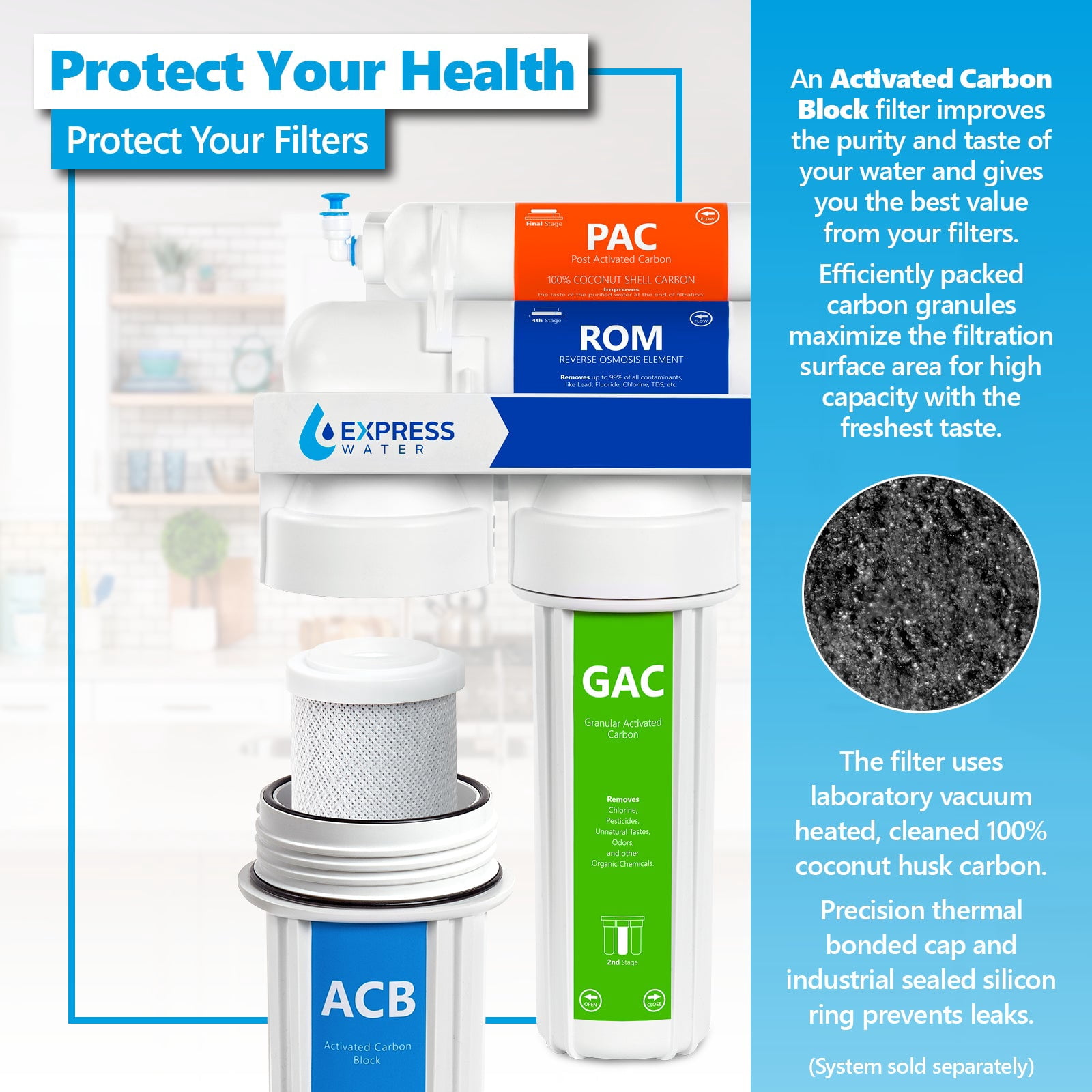 Express Water – Activated Carbon Block ACB Water Filter Replacement – 5 Micron – 10 inch – Under Sink and Reverse Osmosis System