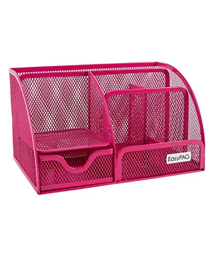 EasyPAG Mesh Desk Organizer Pencil Holder 8 Compartments with Drawer,Pink