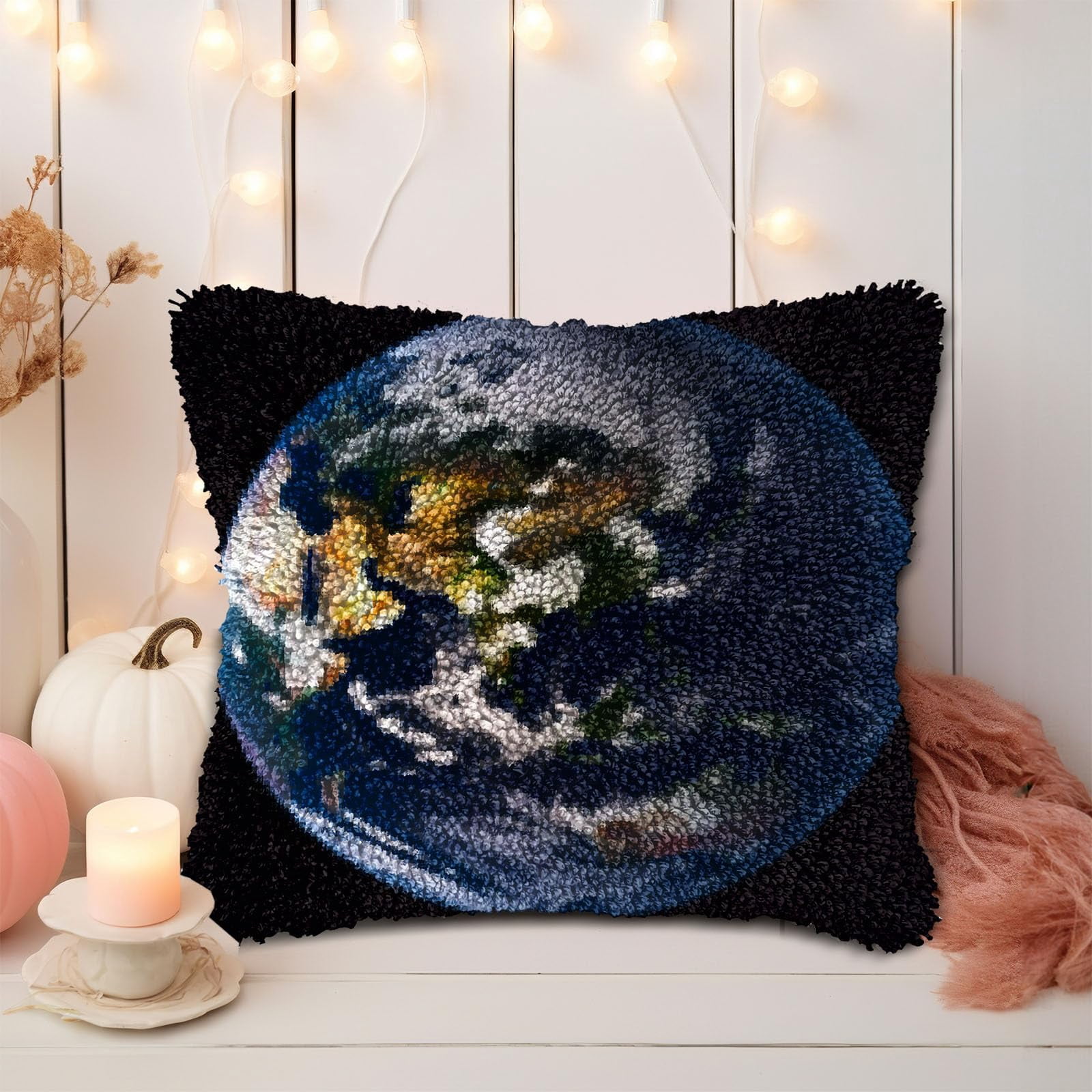 Earth Surface DIY Latch Hook Pillow Kits for Adults Printed Pillowcase Crochet Yarns Hooking Handmade Pillow Cover Cushion for Home Sofa Decoration 17x17inch