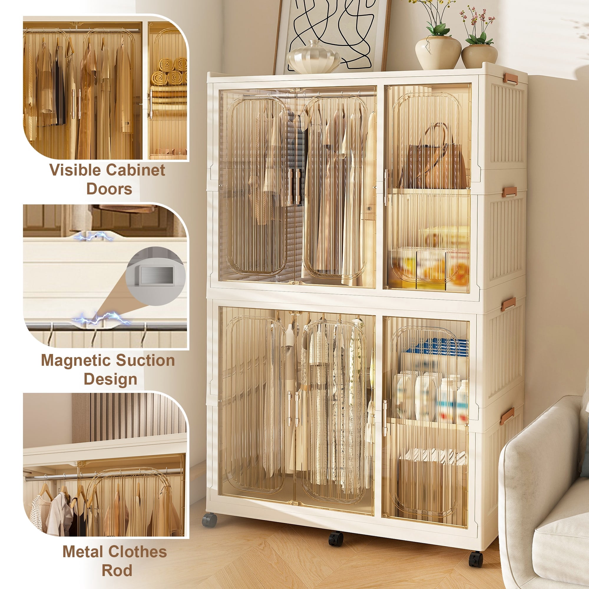 Resenkos Portable Wardrobe Closet Storage Organizer For Clothes,Clothes Dresser,6 Magnetic Doors-6 Cubes & 2 Hanging Rod,6 pcs hangers, Cream White