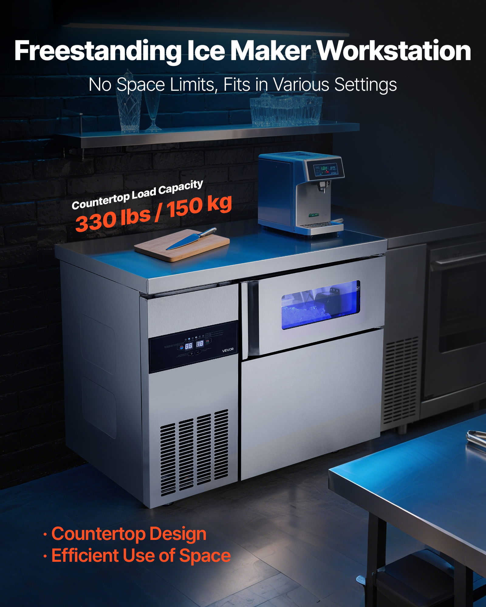 VEVOR Commercial Ice Maker Machine, 265 lbs/24H Stainless Steel Ice Machine with Worktop,66 lbs Storage & 126 Cubes/Cycle,Self-Cleaning Freestanding Ice-Making for Home Bar Office Restaurant Kitchen