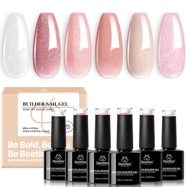 Set de gel Builder Beetles 7 en 1 con purpurina rosa nude, 6 colores