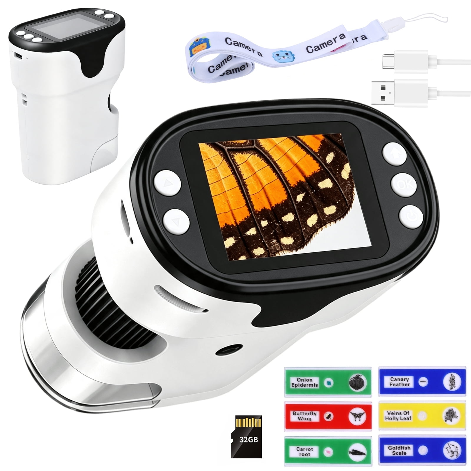 Microscope for Kids Adults, Handheld Microscope Toy for Outdoor Play STEM Toy for Boys Girls with 2“ Screen 6 LED Lights 32G SD Card, White
