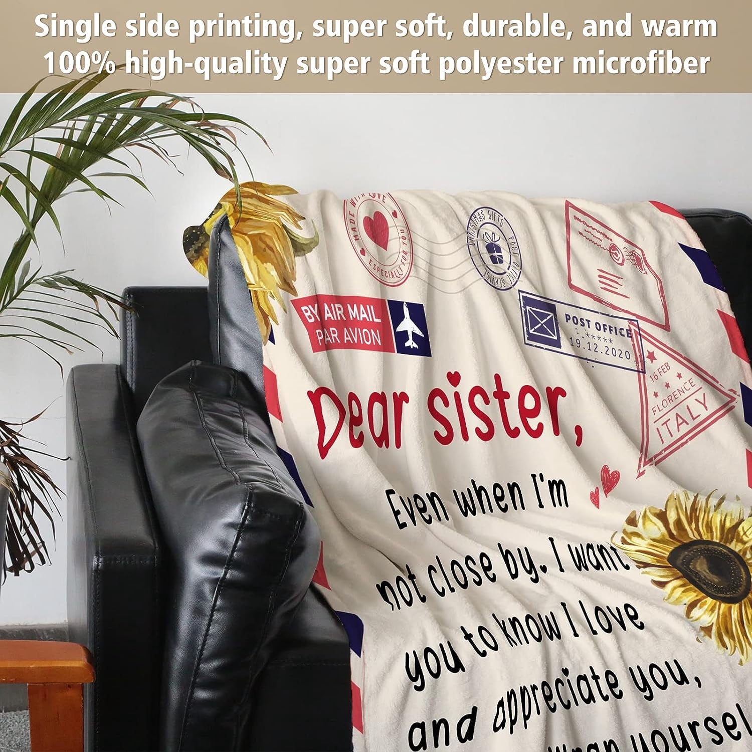 Sister Birthday Gifts, Sister Gifts Blanket, Sisters Gift from Sis, Present for Sisters on Mothers Day, Christmas, Dear Sis Airmail Throw Blanket
