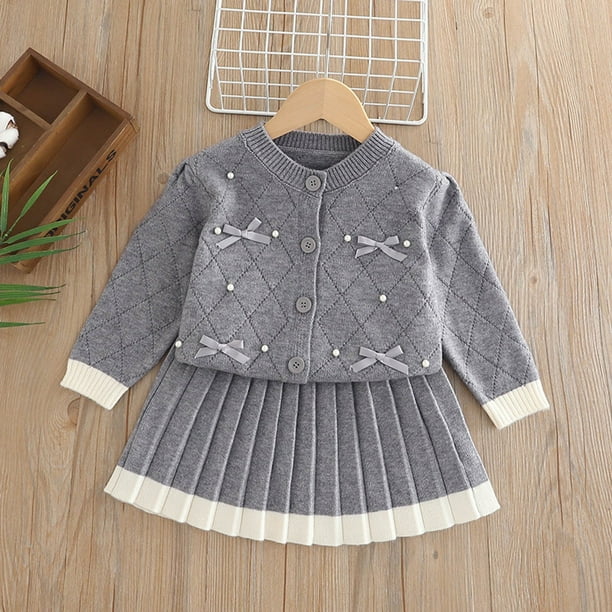 Cowsor Baby Girls Cute 2 Piece Outfits Button Down Bowknot Cardigan Sweater A-Line Knitted Pleated Mini Skirt Sets