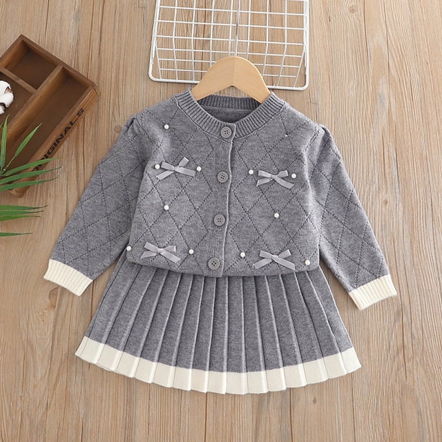 Cowsor Baby Girls Cute 2 Piece Outfits Button Down Bowknot Cardigan Sweater A-Line Knitted Pleated Mini Skirt Sets