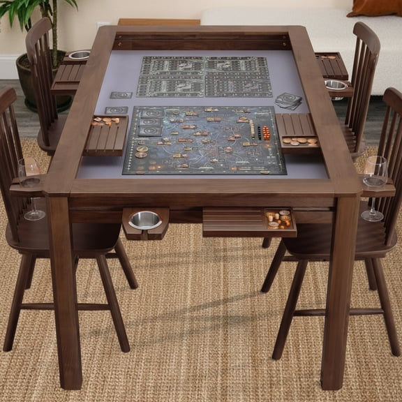 Solid Wood Board Game Table for 4–6 Players, Dining & Gaming Table with 57.5" x 33.8" Big Play Area, Removable Top, Neoprene Play Mat, Leaf Storage Rack, 6 Cup Holders & Trays, Walnut