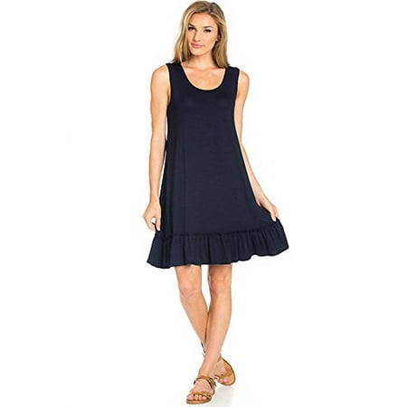 Sassy Apparel Womens Solid Color Ruffle Hemline Design Fashion Skirt Dress (Large, Navy)