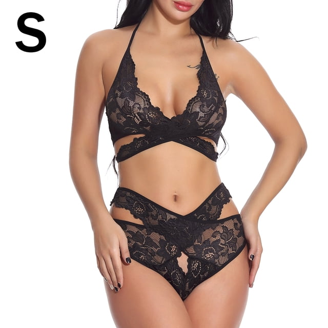 Conjunto de ropa interior de malla de encaje para mujer, lencería sexy, ropa de dormir, ropa de dormir, negro, S Speravity XX000073-02