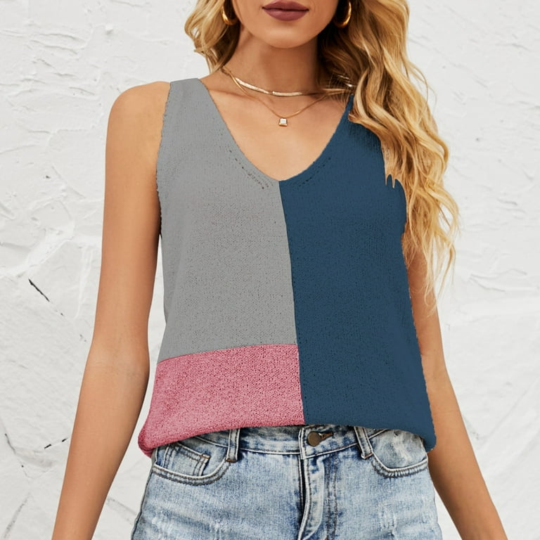 EHQJNJ Camisole Tops for Women Plus Size Cotton Spring and Summer New  Camisole Stitching Contrast Color Stripe Knitted Loose Casual V Neck Vest  Tank