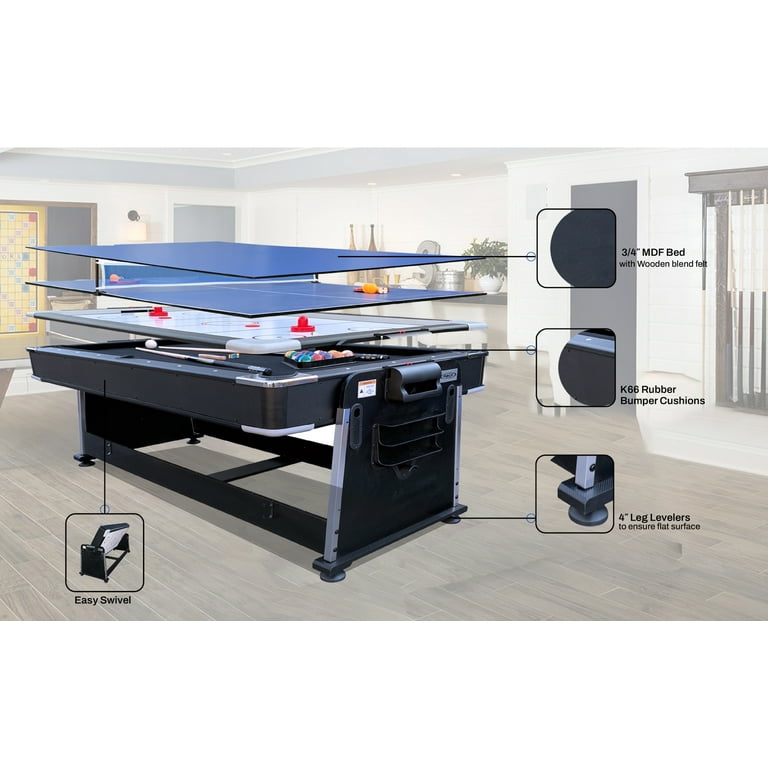 RACK Triad 7-Foot 3-in-1 Multi Game Swivel Billiard/Pool Table (Black)