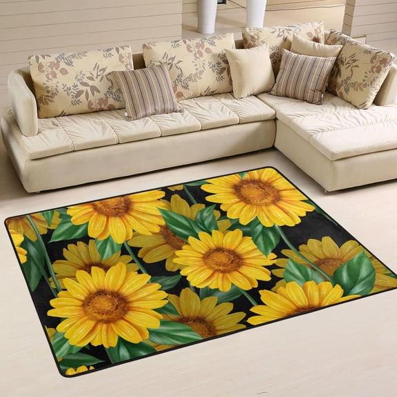 SKYSONIC 36x24in Sunflower Bright Leaves Area Rug, Summer Blooming Floral Non-Slip Floor Carpet for Indoor Living Dining Room Bedroom