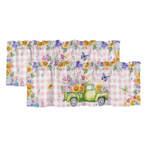 Watercolor Floral Truck Curtain Valances for Windows, Kitchen Valance Window Treatments Panel 2 Pack, Spring Garden Butterflies Pink Plaid Rod Pocket Short Curtains for Bathroom Bedroom 60 x 18 Inch