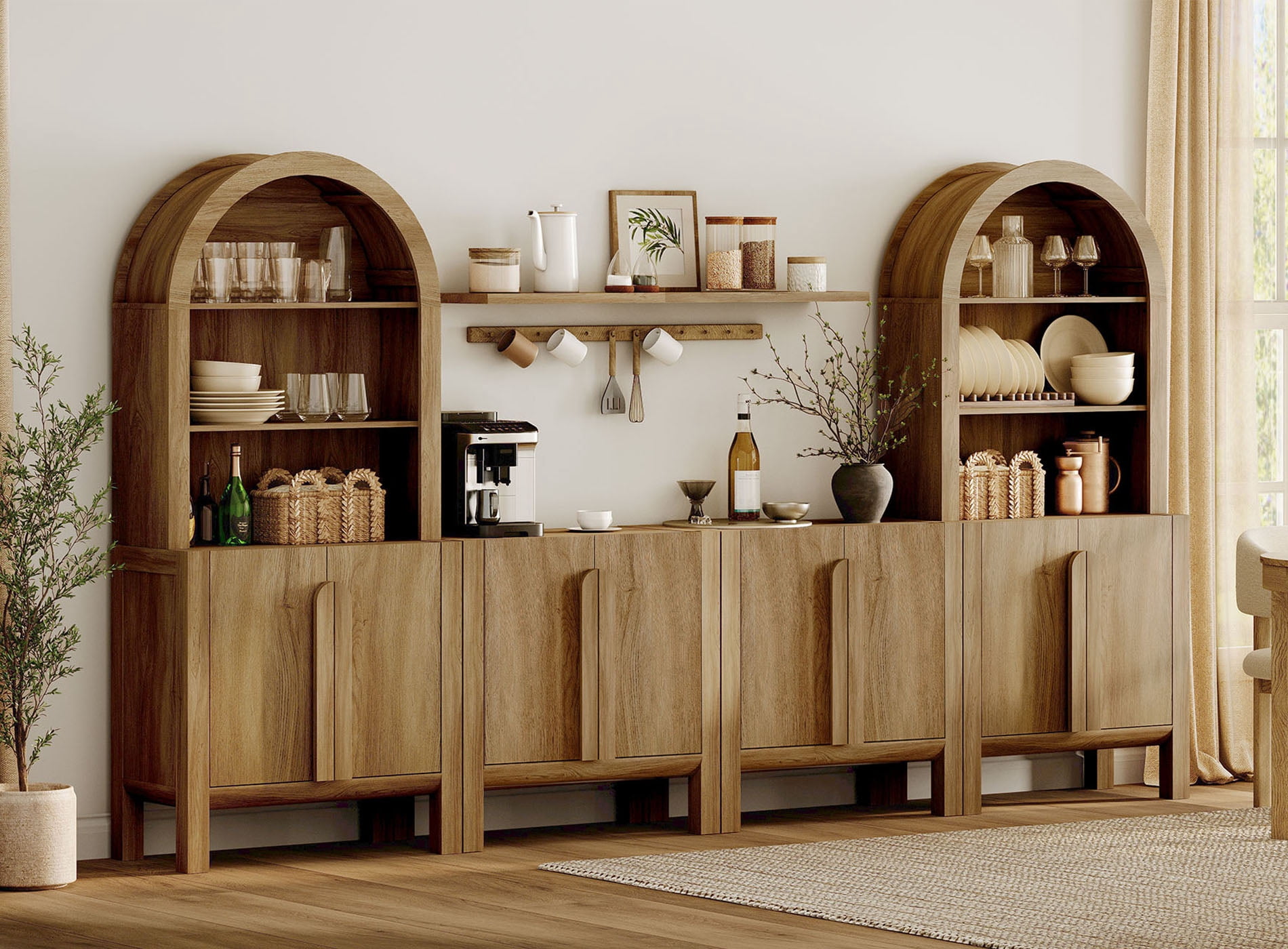 4-In-1 71"H Tall Kitchen Pantry Storage Cabinet,126"W Large Mid-Century Modern Sideboard Buffet Cabinet With 8 Doors And Shelves For Kitchen