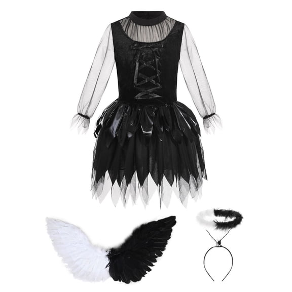 REDARER Girls Halloween Angel Cosplay Dress with Contrast Wings and Headband for Stage Performance Fancy Dress Party Outfit,5-7 Years