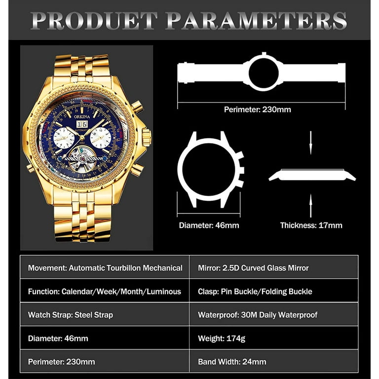 ORKINA Mechanical Tourbillon Multifunction Watch Stainless Steel Gold Adult Male with Gift Box
