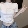 thumbnail image 1 of VISgogo - Camiseta de manga corta para mujer con diseño de ombligo, diseño de letras, correa de diamantes de imitación, decoración de cuello redondo, camisetas de verano para el ombligo VISgogo  moda, 1 of 2