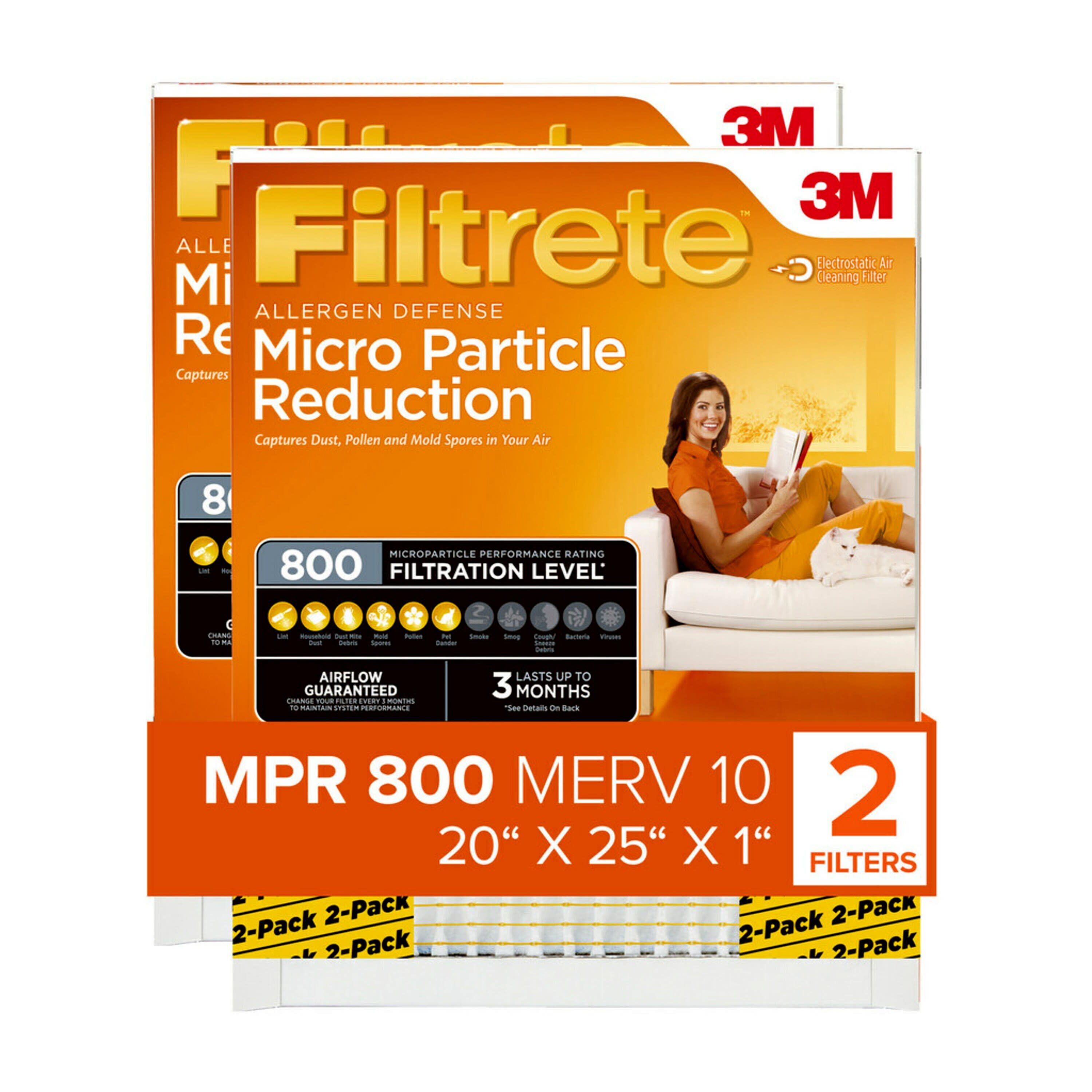 Filtrete by 3M, 20x25x1, MERV 10, Micro Particle Reduction HVAC Furnace Air Filter, Captures Pet Dander and Pollen, 800 MPR, 2 Filters