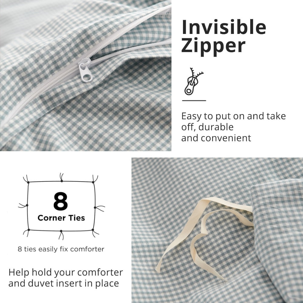 3 Pieces Blue Gingham Duvet Cover 100% Washed Cotton Fine Grid Checkered King Comforter Cover with Zipper Home Cozy and Breathable Grid Farmhouse Bedding Set