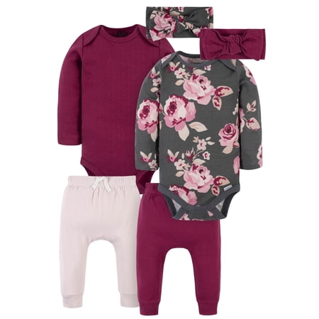 Modern Moments by Gerber Baby Girl Long Sleeve Bodysuit & Pant Outfit Sets, 6-Piece (Newborn-12 Months)
