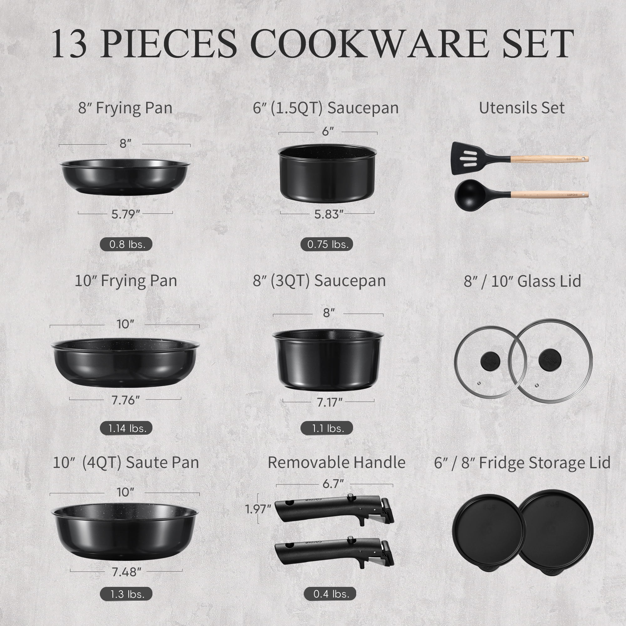 Carote Ceramic Cookware Sets, 13 Pcs Pots and Pans Set with Detachable Handle, Black  (图2)