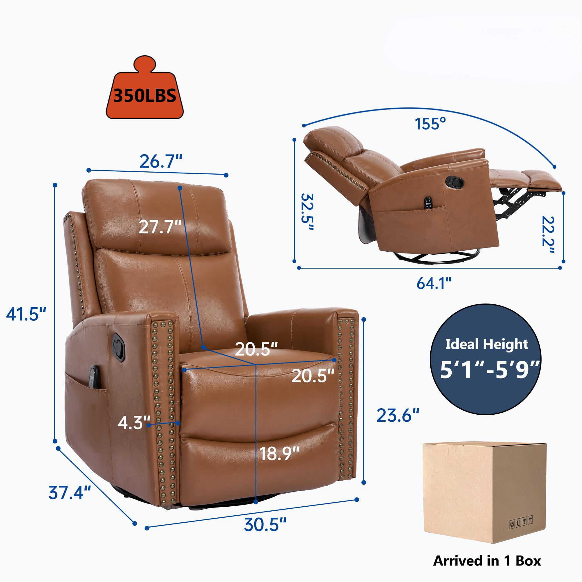 Gewnee Manual Recliner Chair,360°Swivel Massage Recliner Chair with Heat,Rocker Recliner Chair for Living Room,Bedroom.Yellow Genuine Leather