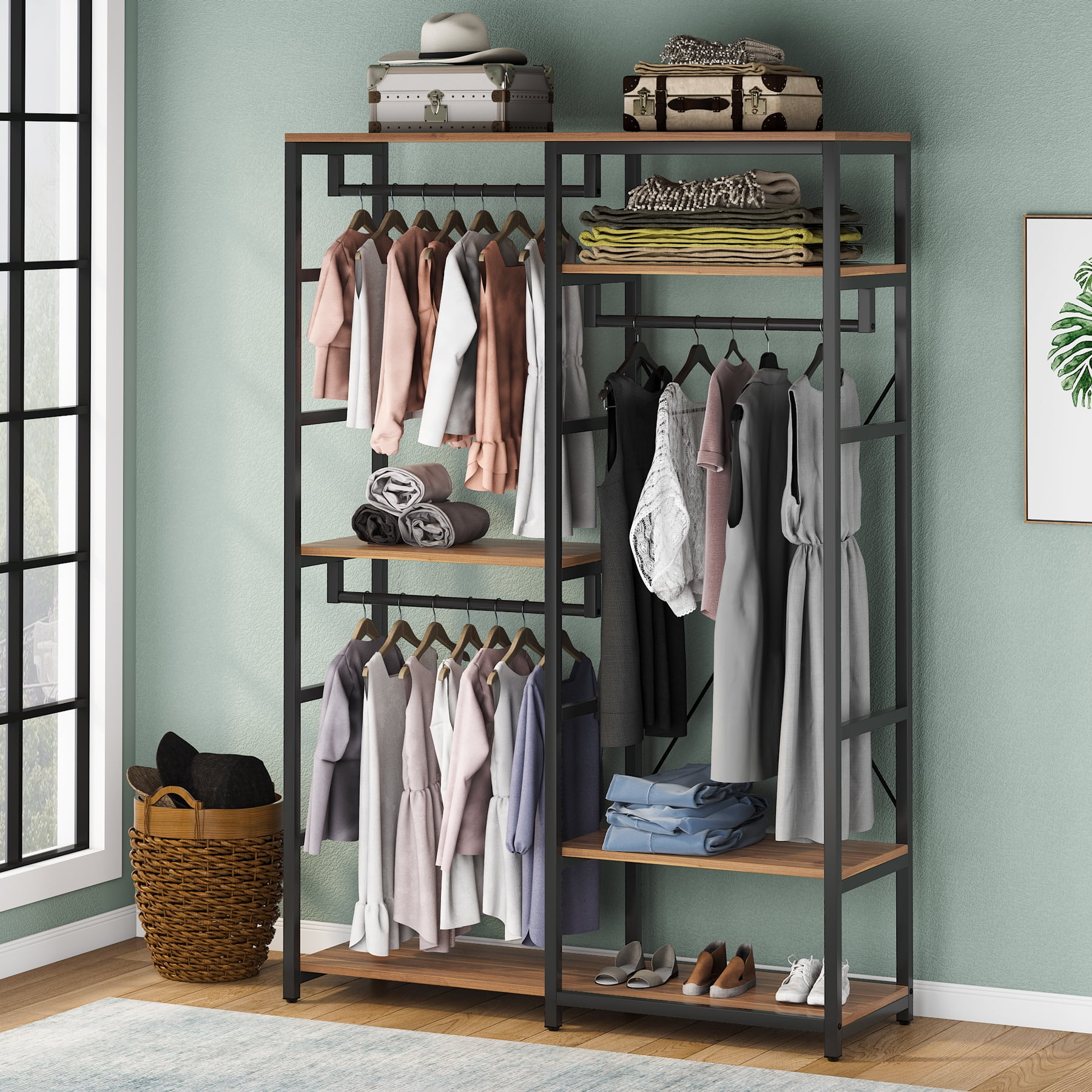 Tribesigns Clothes Garment Rack with 3 Hanging Rod, Heavy Duty Closet Organizer, Free Standing