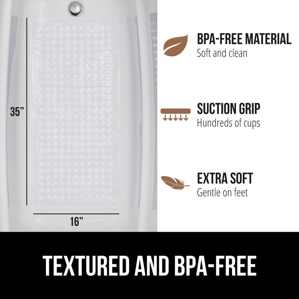 GORILLA GRIP Patented Bath Tub Shower Mat, Machine Washable Bathtub Floor Liner Mats, Suction Cups and Drain Holes to Keep Tubs Clean, Soft on Feet, Bathroom Essentials, 35x16 Inch, Frosted Clear