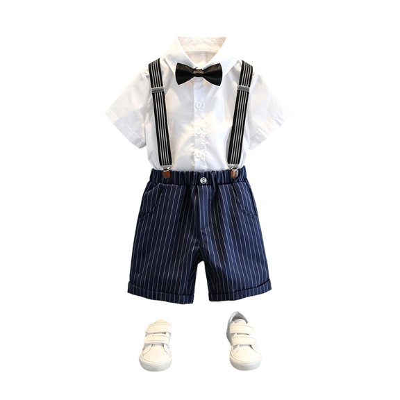 Boys British Suspender Suit Set, White Short Sleeve Shirt Striped Shorts Bow Tie Suspenders Formal Back to School Outfits for Kids Birthday Wedding Stage Performance(Navy1,11-12 Years)