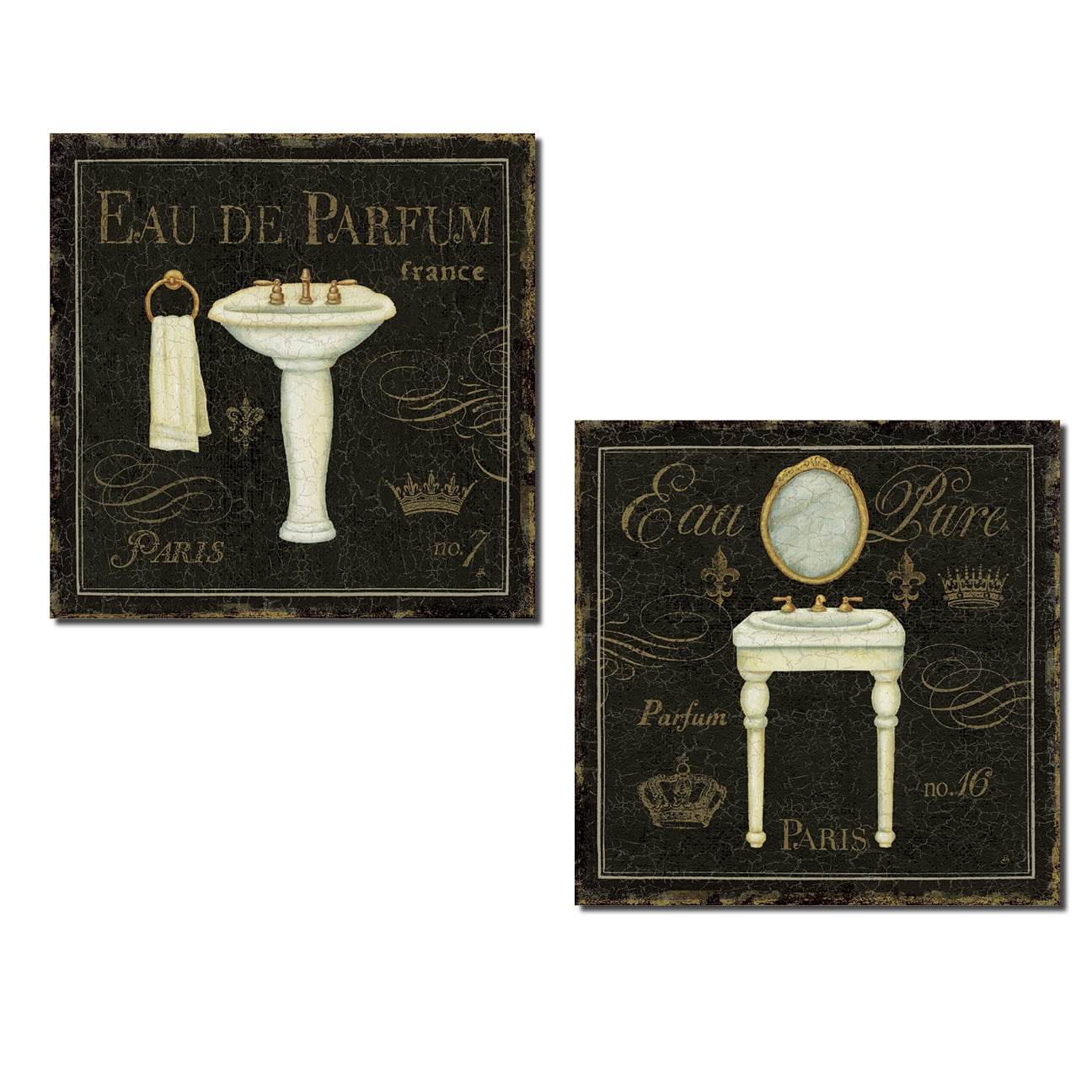 Lovely Black and Gold Paris Pedestal Sink and Vanity Mirror Prints by