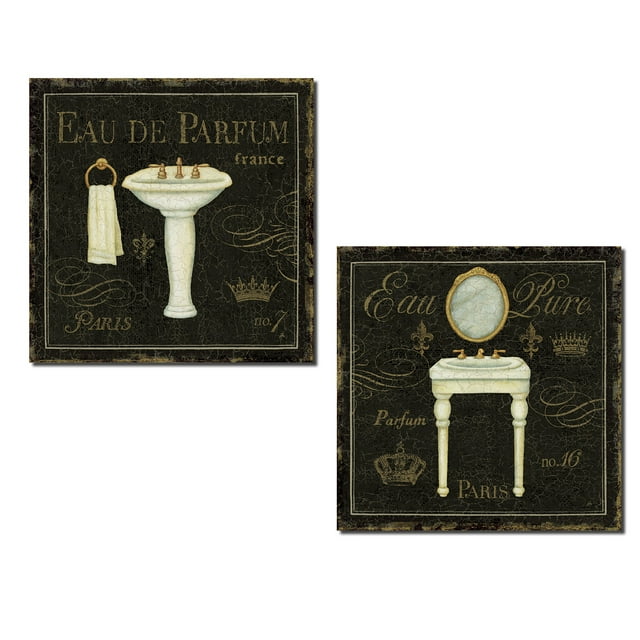 Lovely Black and Gold Paris Pedestal Sink and Vanity Mirror Prints by