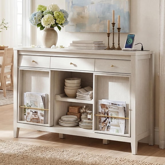 White Buffet Cabinet with Storage, Modern Sideboard with 3 Drawers, 2 Sliding Doors, Pull-Out Shelf & Built-in Charging Station, Coffee Bar Storage Cabinet for Kitchen Dining Room
