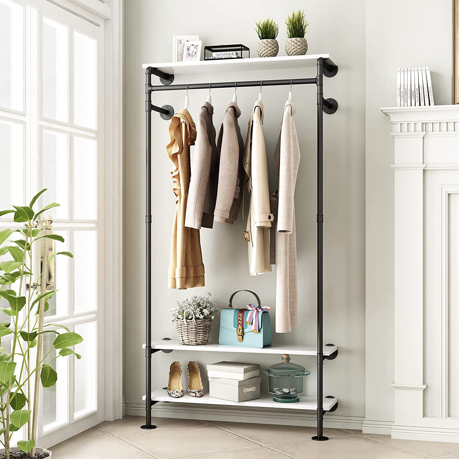 Industrial Pipe Clothing Racks with Storage Shelves, Wall Mounted